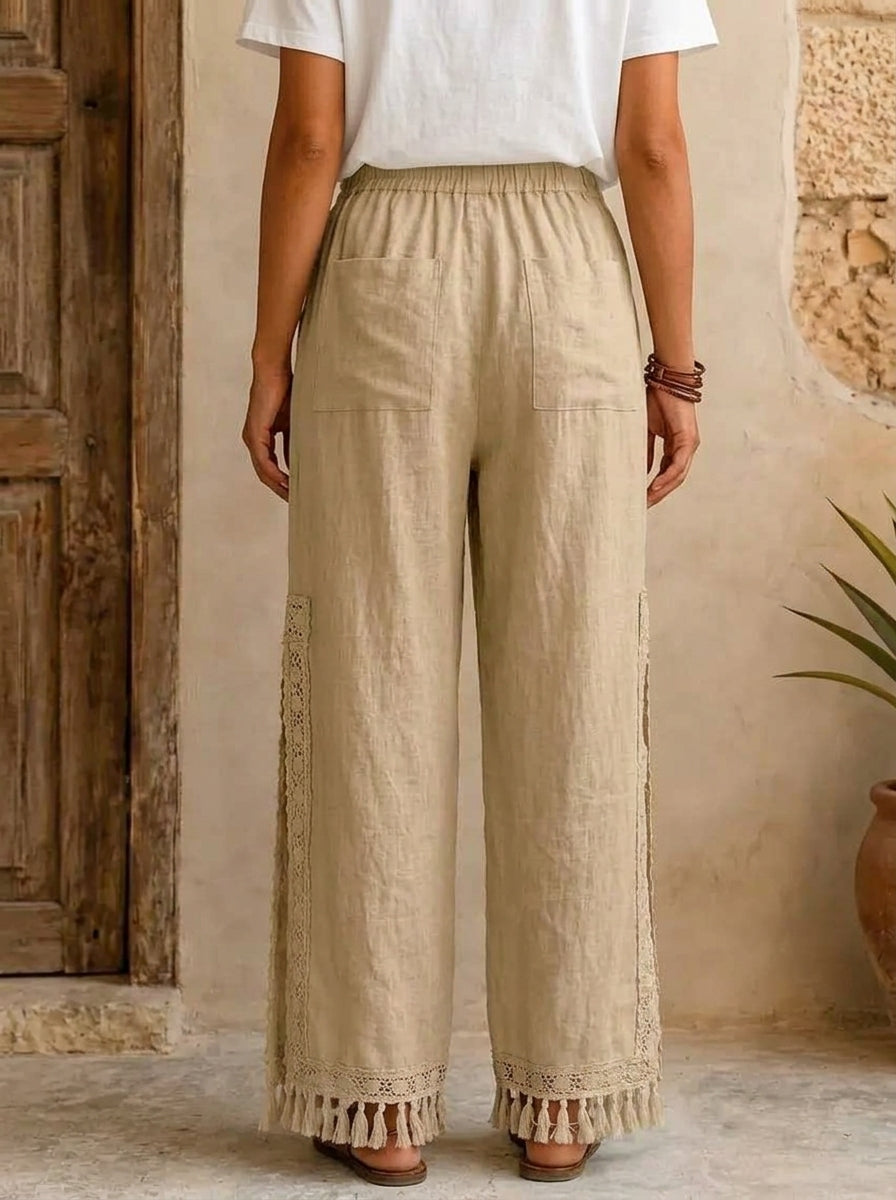 Women's Bohemian Lace Tassel Slit Linen Pants
