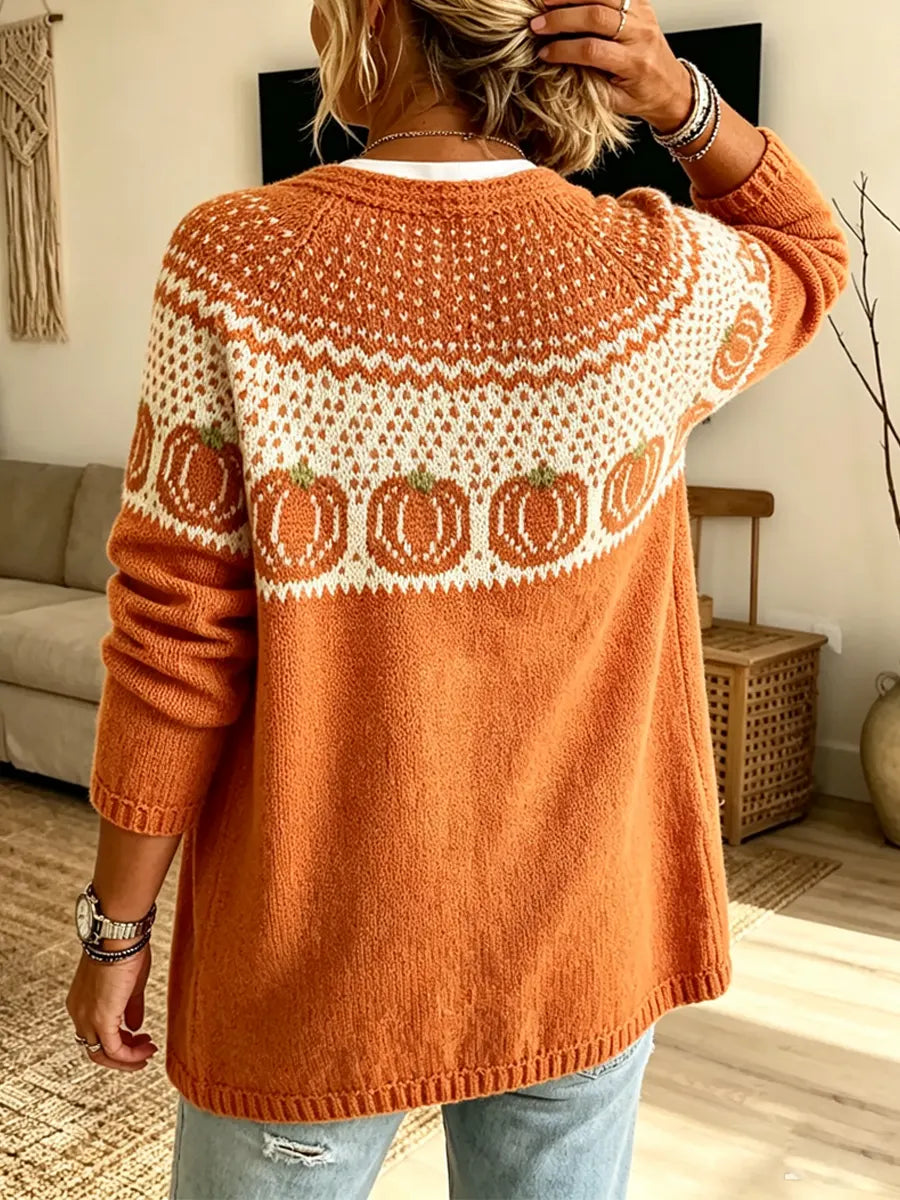 Vintage Pumpkin Pattern Knit Art Casual Stylish Long Sleeve Cardigan Coat