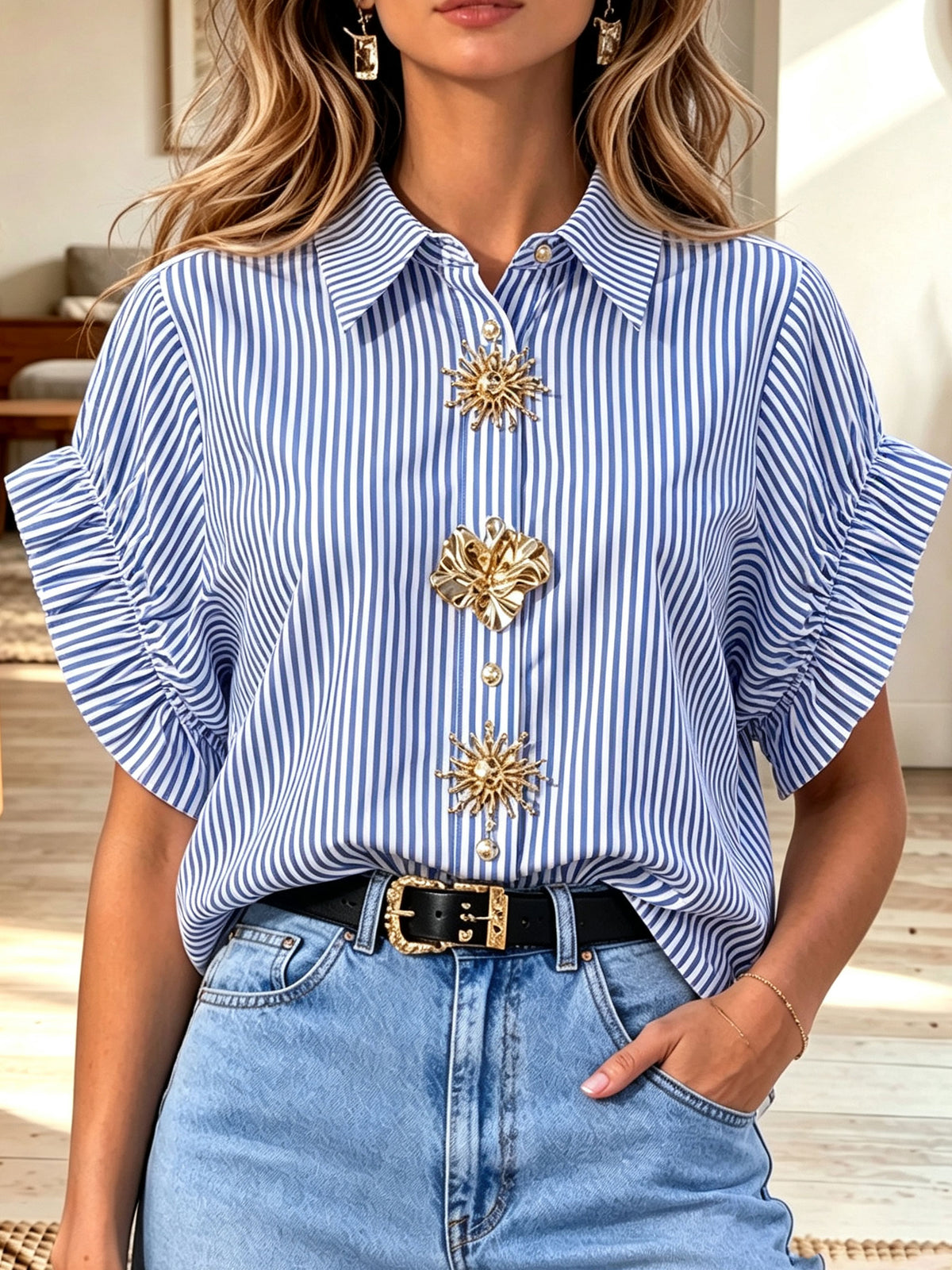 Women White Collared Ruffle Short Sleeve Decorative Gold Button Blouse
