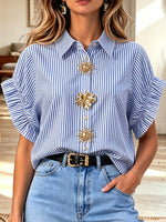Women White Collared Ruffle Short Sleeve Decorative Gold Button Blouse
