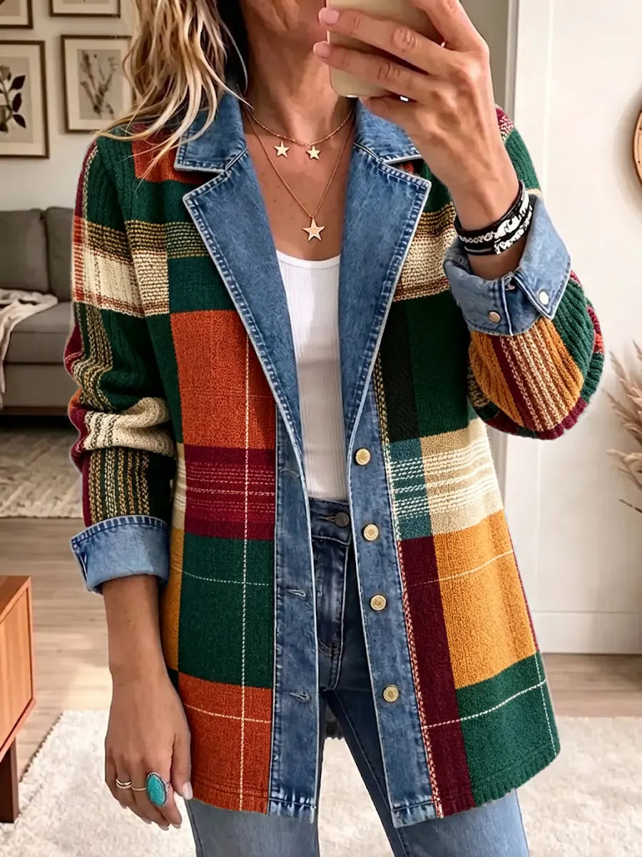Retro Plaid Pattern Art Casual Denim Patchwork Stylish Long Sleeve Coat