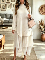 Women's Mock Neck Asymmetrical Tulle Hem Sweater Dress