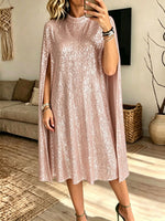 Women Silver Sequin Cape Sleeve Midi Dress Mock Neck Loose Evening Party Gown