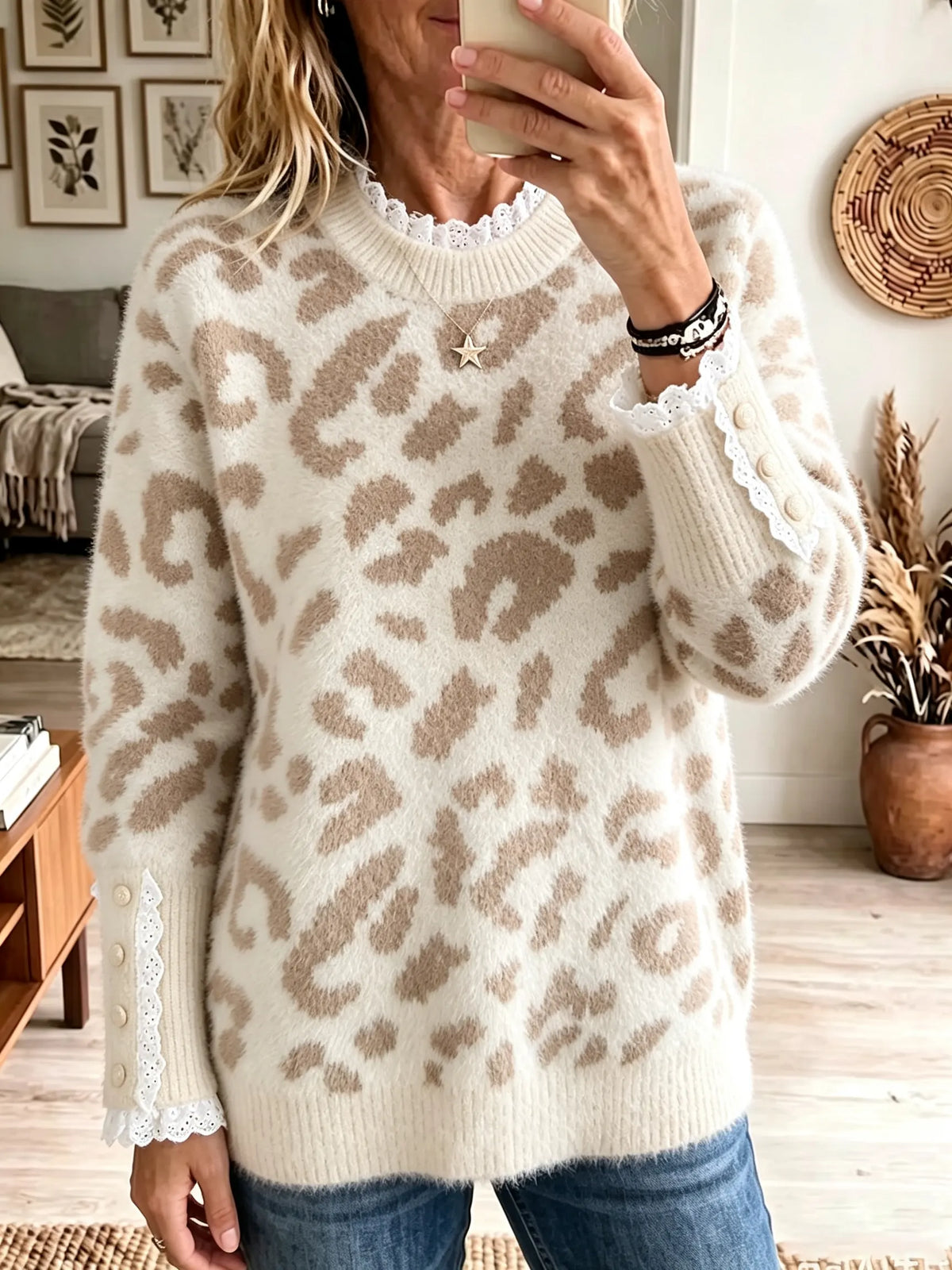 Women's Leopard Print Lace Trim Knit Sweater