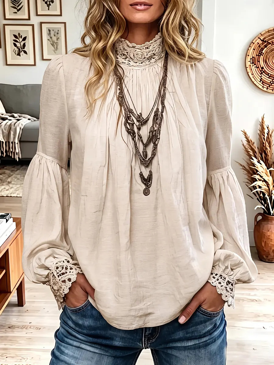 Vintage Elegant Cotton-linen Blend Patchwork Lace Shirt