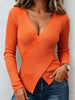 Women's Rhinestone Wrap V Neck Knit Top, Long Sleeve Slim Fit Asymmetric Hem Blouse