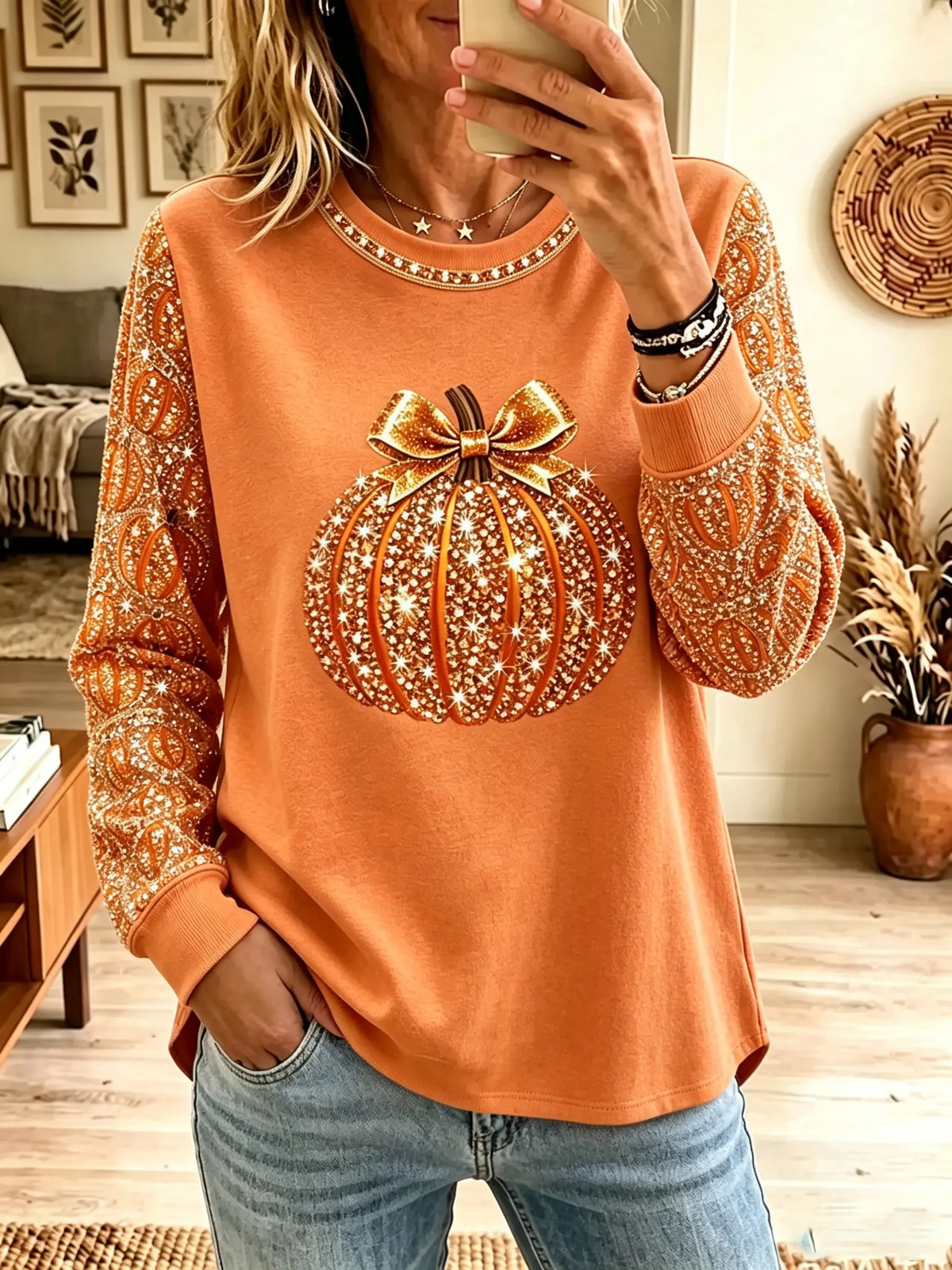 Women's Glitter Bow Pumpkin Print Long-Sleeve Sweatshirt
