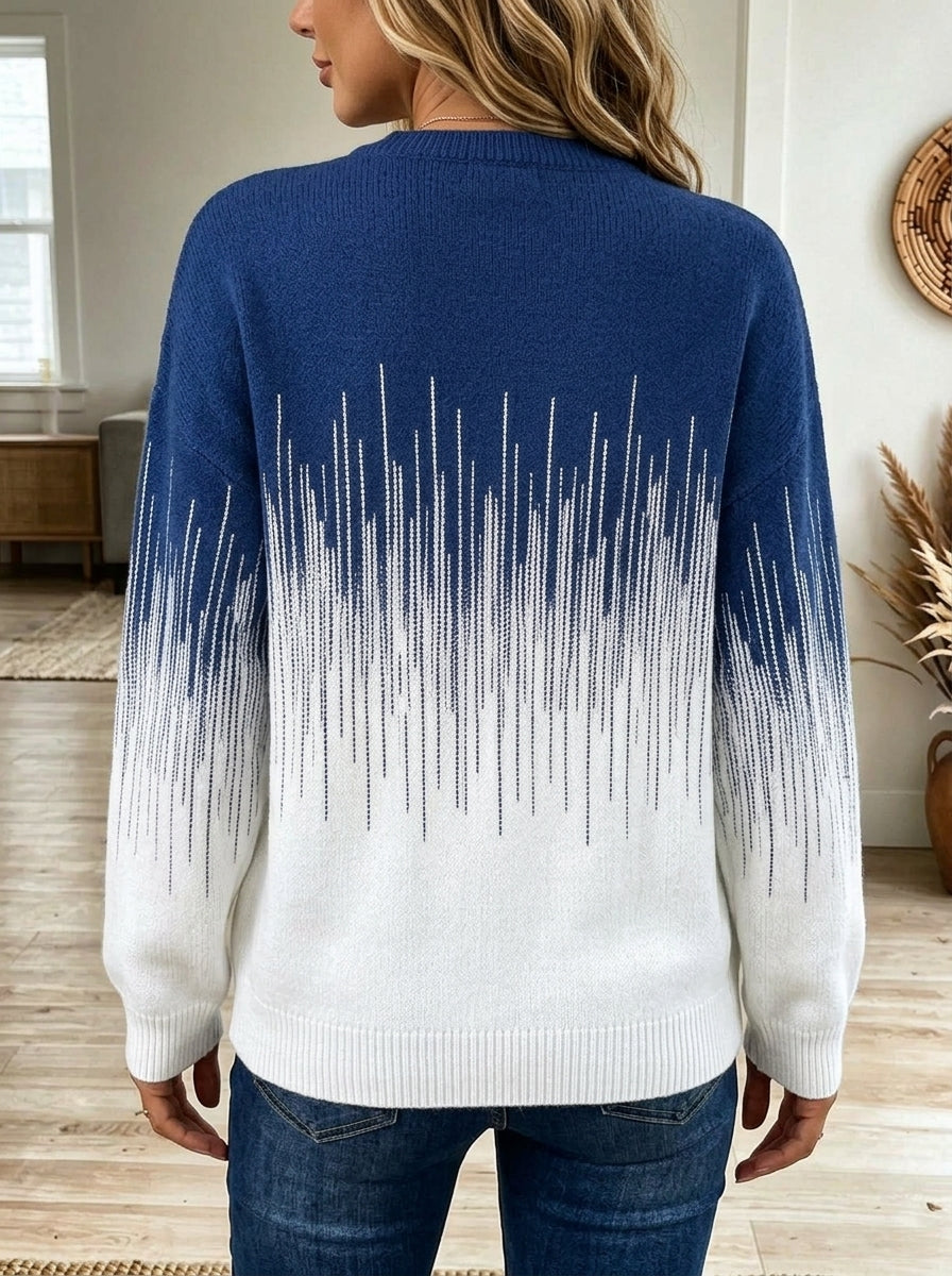 Women Ombre Gradient Vertical Stripe Crew Neck Loose Knit Sweater