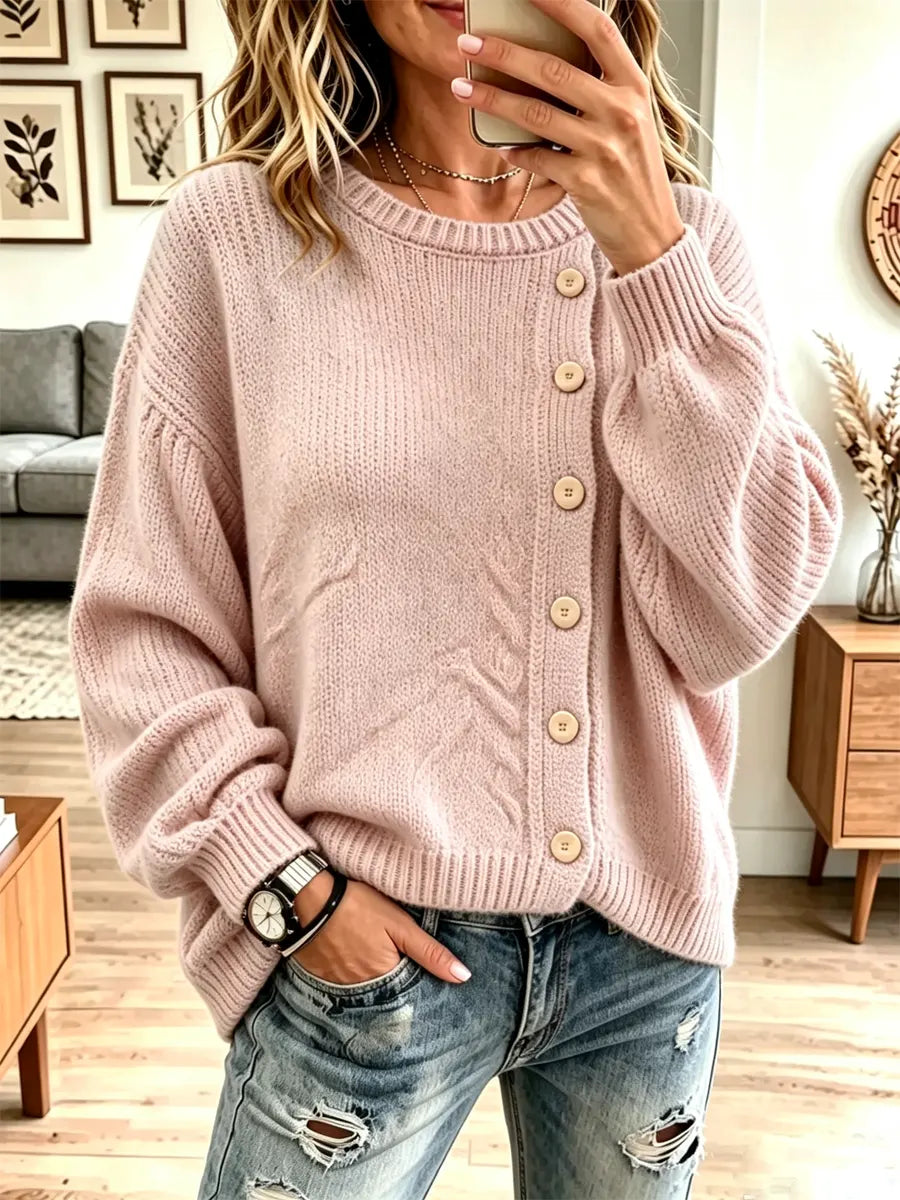 Vintage Button Round Collar Knit Art Casual Stylish Long Sleeve Sweater