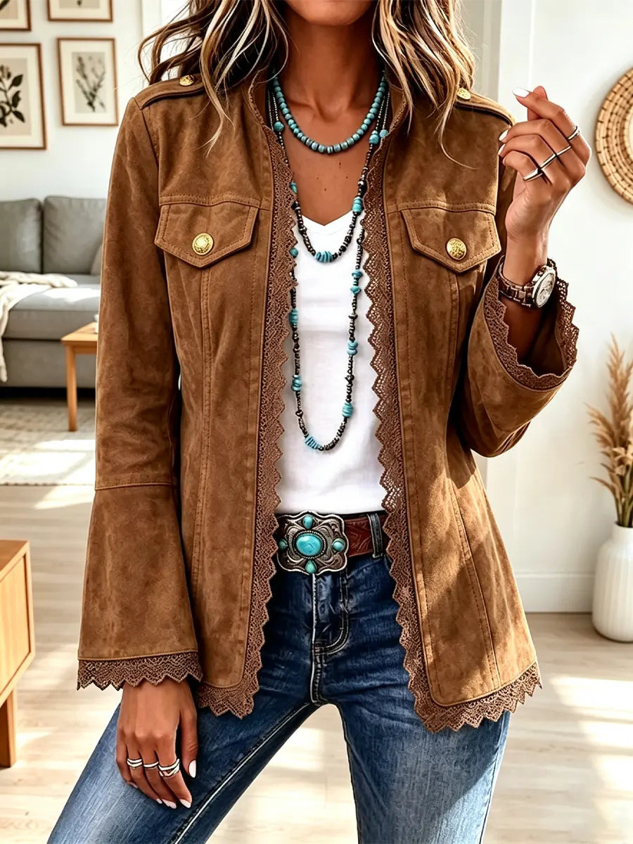Retro Western Lace Patchwork Art Casual Stylish Long Sleeve Suede Coat