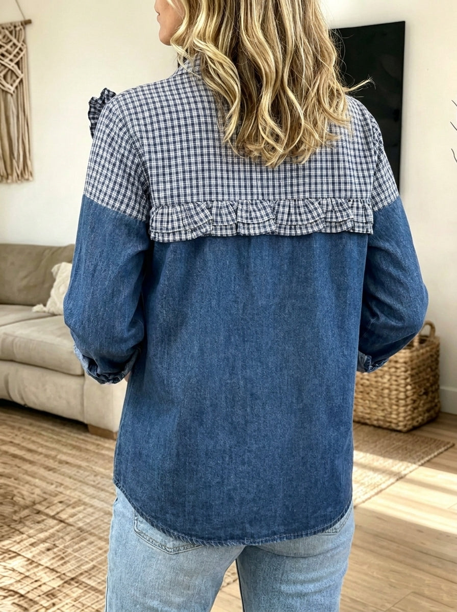 Women Denim Gingham Spliced 3D Ruffle Floral Button‑Down Shirt