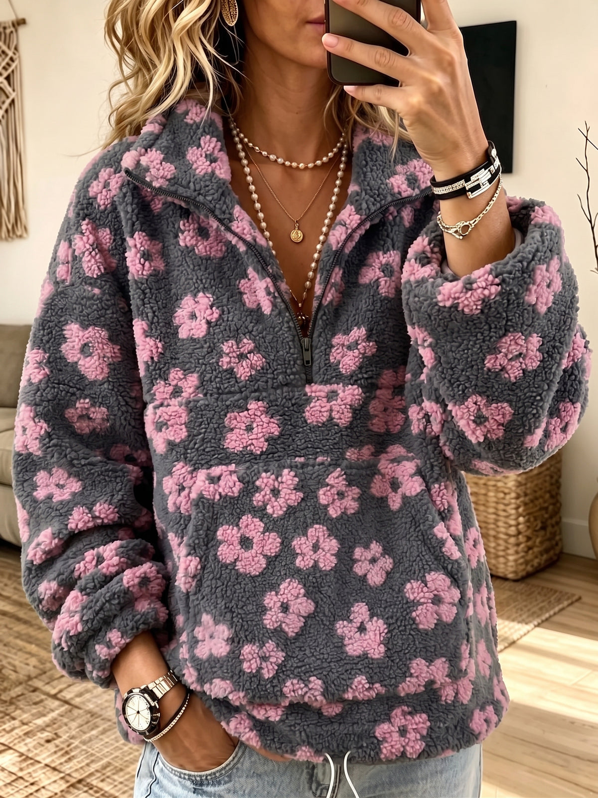 Women Floral Print Half‑Zip Fleece Pullover Sweatshirt With Kangaroo Pocket