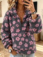 Women Floral Print Half‑Zip Fleece Pullover Sweatshirt With Kangaroo Pocket