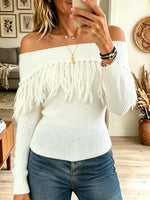 Women's Off-the-Shoulder Fringe Trim Knit Sweater