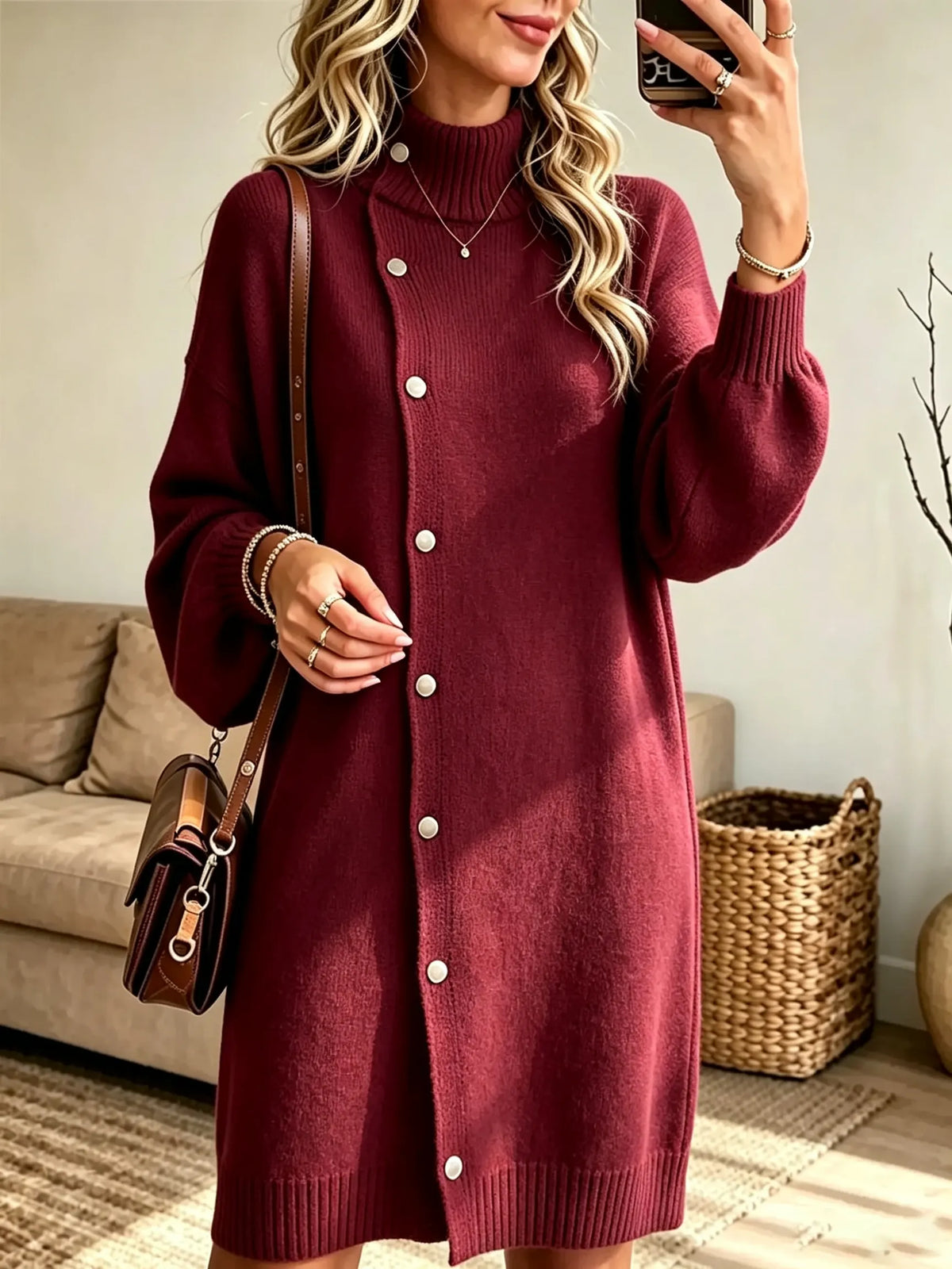 Women's Turtleneck Button-Front Knit Midi Dress