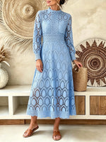 Women's Solid Hollow Lace Long Sleeve Midi Dress