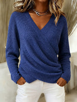Women Surplice Wrap V‑Neck Draped Long Sleeve Knit Sweater