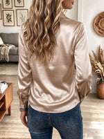 Women's Champagne Satin Cowl Neck Long Sleeve Blouse
