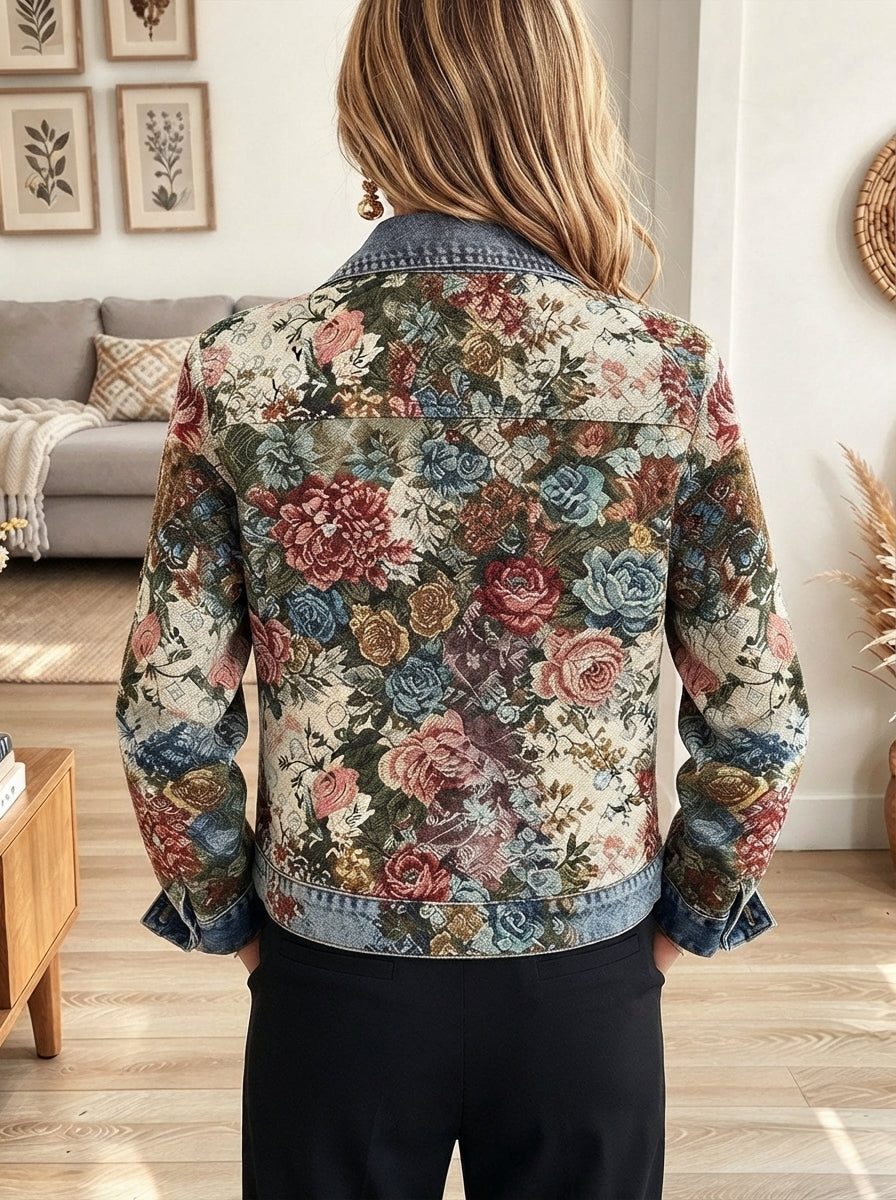 Women's Vintage Floral Print Denim Jacket with Button-Front and Pockets