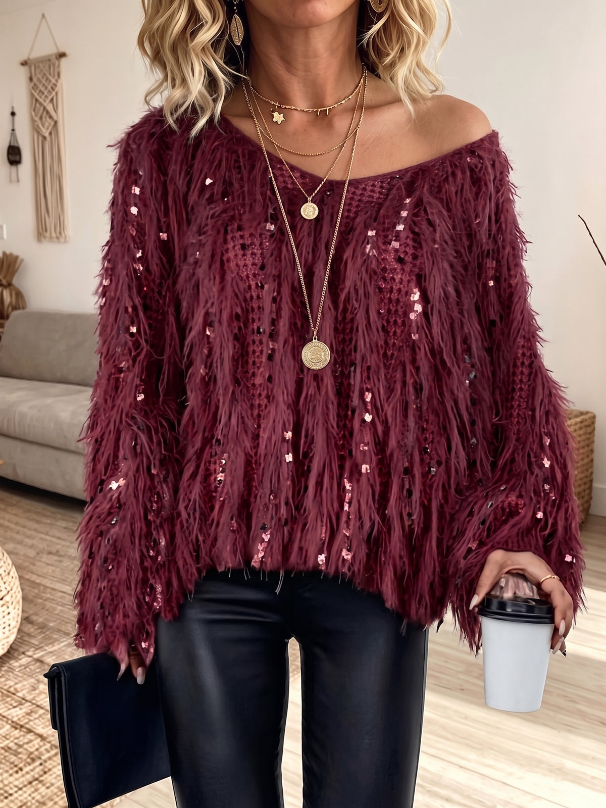 Women V‑Neck Shaggy Fuzzy Sequin Embellished Long Sleeve Knit Sweater