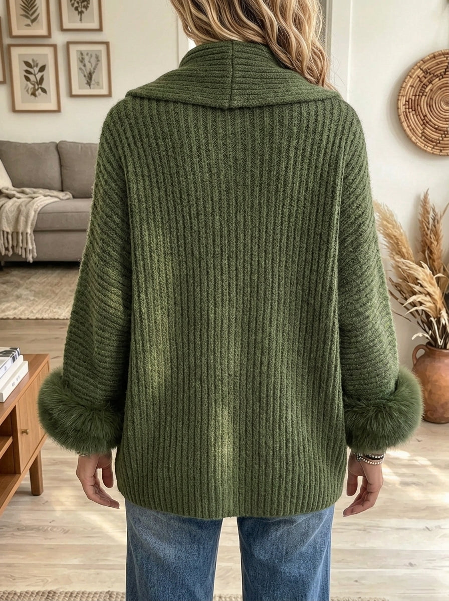 Women's Faux Fur Trim Ribbed Cardigan Coat