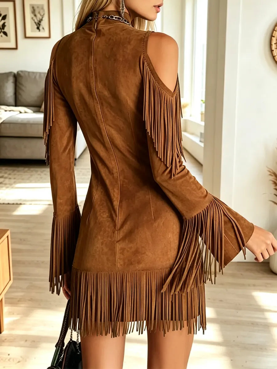 Vintage Western Fringe Art Off-shoulder Casual Stylish Long Sleeve Dress