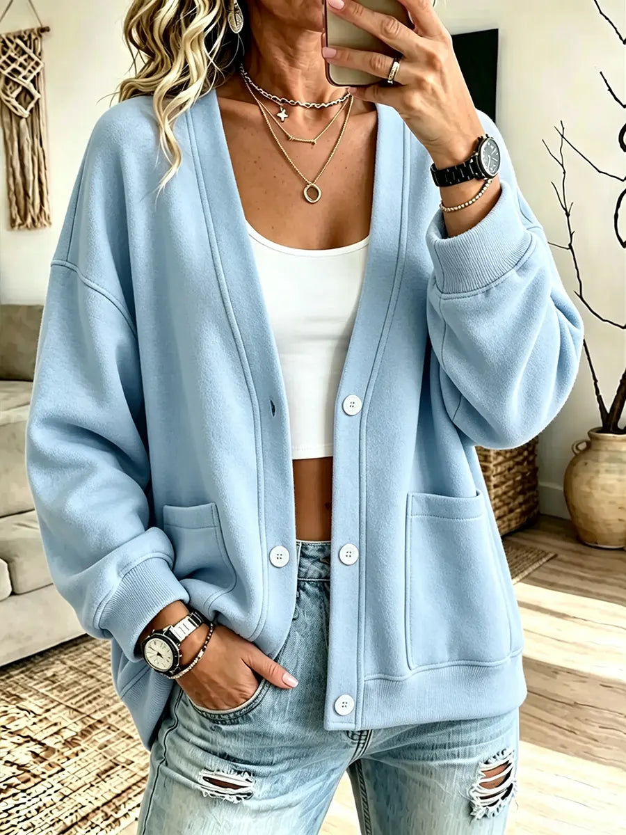 Women's Solid Color Casual Long-sleeve Button-up Cardigan Sweatshirt