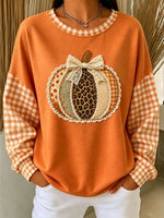 Retro Pumpkin Plaid Pattern Art Print Casual Long Sleeve Sweatshirt