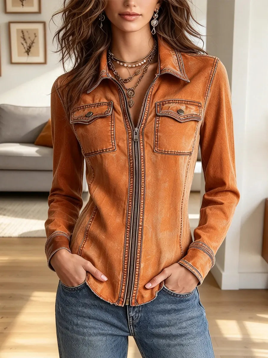 Vintage Chic Zip Lapel Art Casual Stylish Long Sleeve Denim Coat