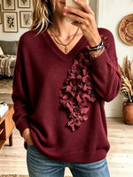 Women's 3D Floral Embellished V-Neck Knit Sweater