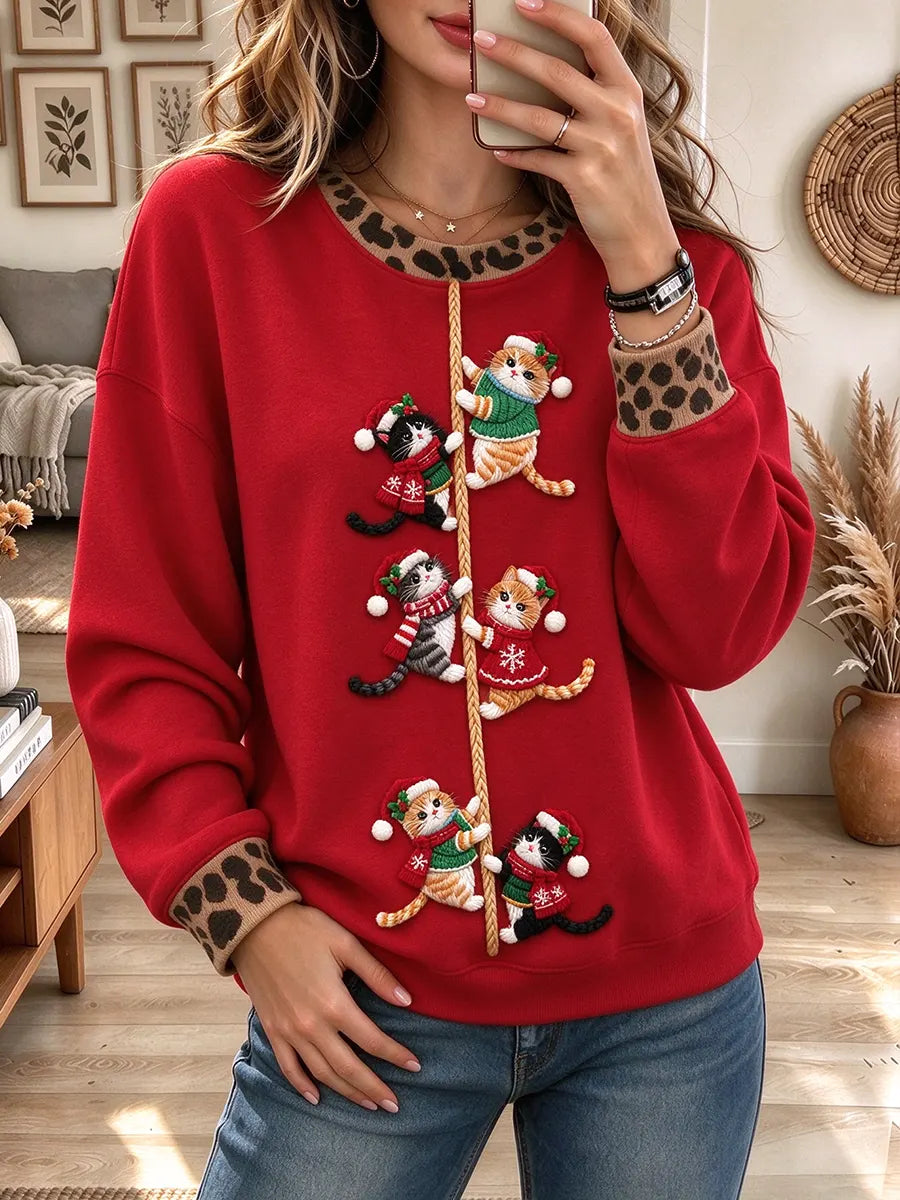 Women's Christmas Cat Embroidered Print Sweatshirt