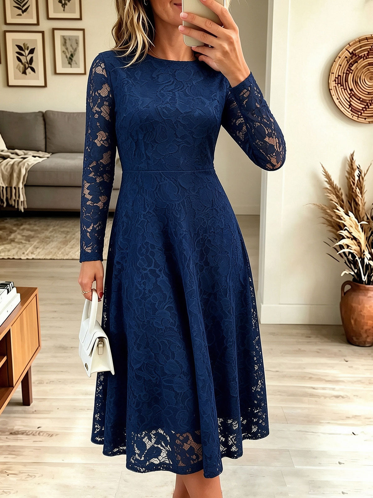 Women's Long Sleeve Full Lace Midi Dress, Round Neck A-Line Flowy Party Dress