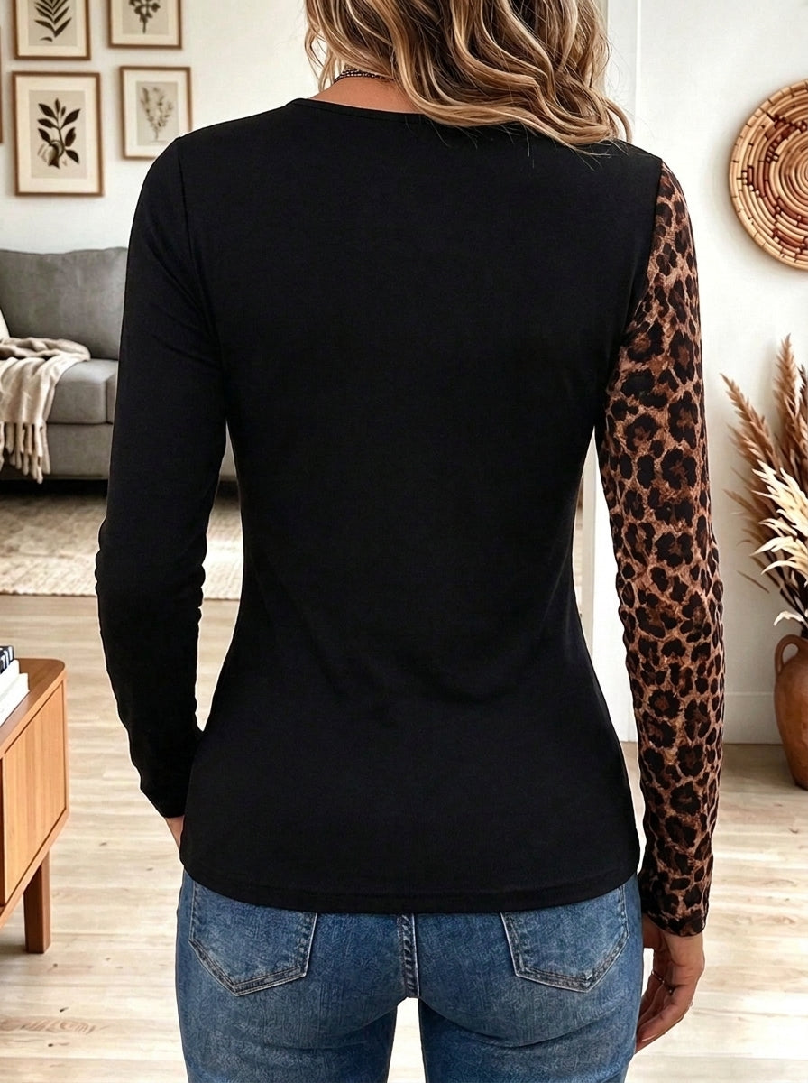 Women's Black Slim Fit Top with Contrast Leopard Print Bolero Asymmetric Overlay