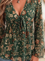 Retro Floral Pattern Art Print Casual Stylish Long Sleeve Mesh V Collar Shirt