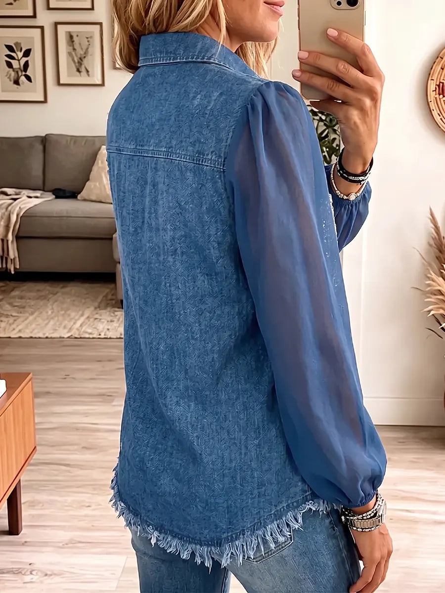 Vintage Elegant Denim Patchwork Sheer Mesh Sequins Shirt