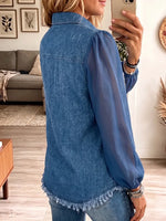 Vintage Elegant Denim Patchwork Sheer Mesh Sequins Shirt