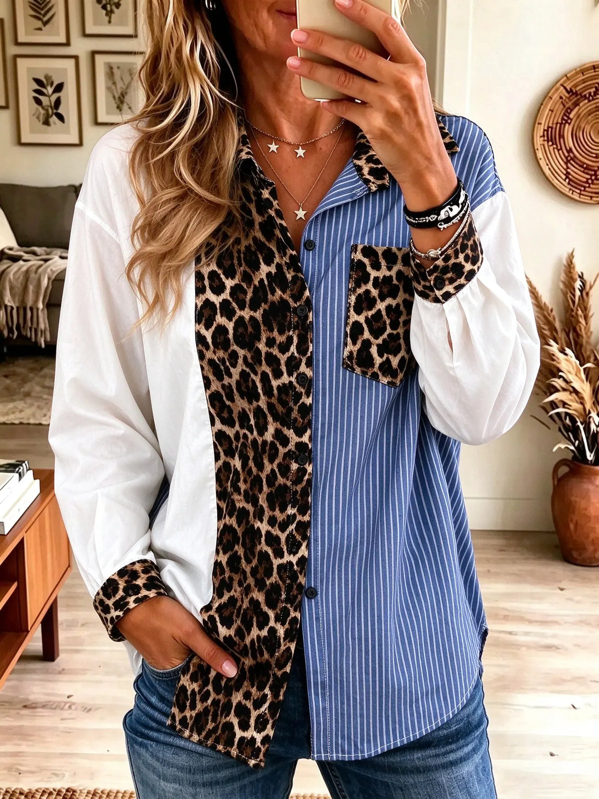 Women's Mixed Stripe Leopard Colorblock Button Shirt