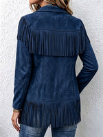 Women Western Faux Suede Fringe Lapel Long Sleeve Jacket