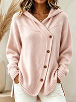 Women Hooded Diagonal Button Wrap Knit Sweater