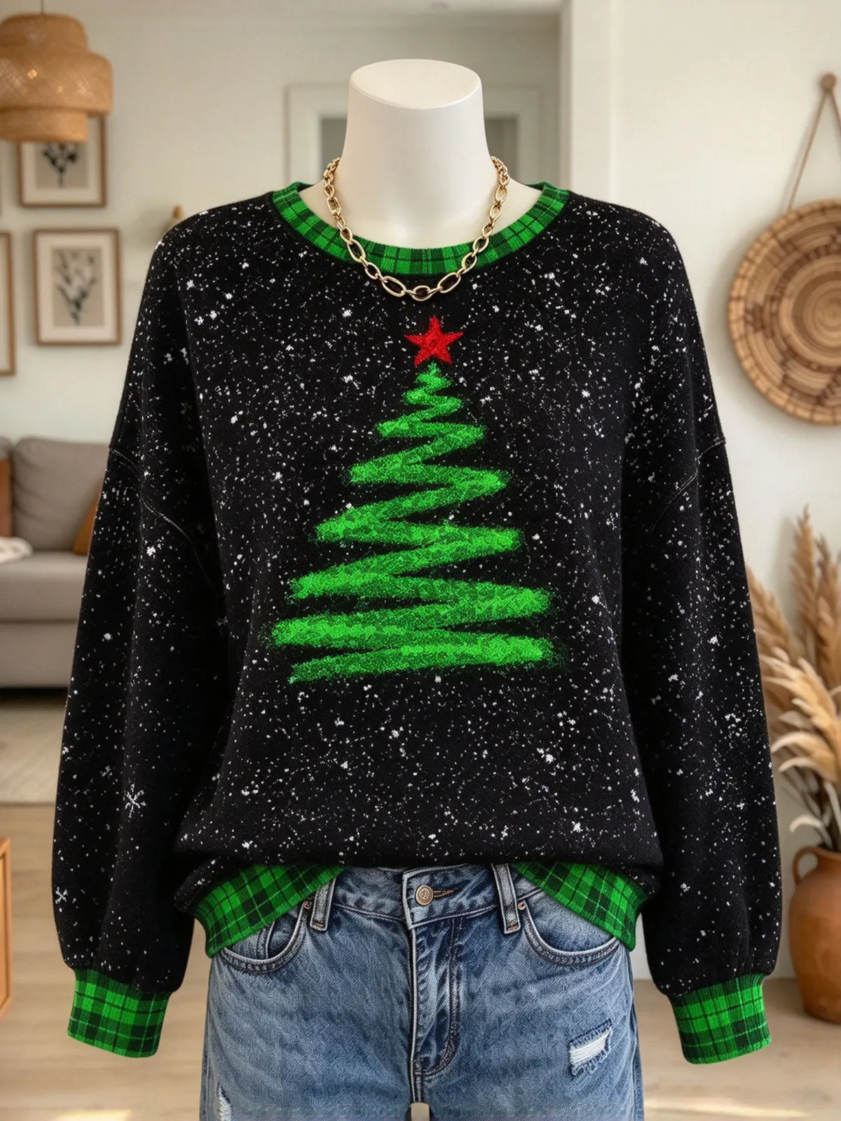 Women's Christmas Tree Plaid Trim Sweatshirt