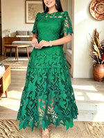 Women Navy Floral Lace Short Sleeve Tiered Maxi Dress