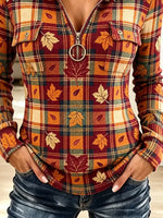 Vintage Autumn Maple Pattern Zip Art Casual Stylish Hooded Long Sleeve Top