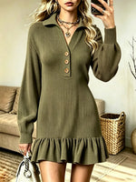 Women's Polo Collar Ruffle Hem Ribbed Sweater Dress