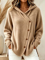 Women Hooded Diagonal Button Wrap Knit Sweater