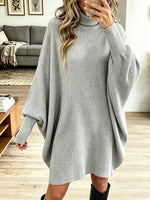 Women's Turtleneck Batwing Knit Sweater Dress, Dolman Sleeve Loose Midi Pullover Dress