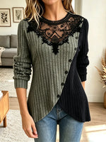 Elegant Floral Lace Patchwork Knit Art Casual Stylish Long Sleeve Top