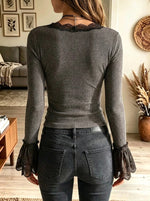 Women's Lace Trim Flared Bell Sleeve Ribbed Top