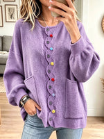 Women Green Wavy Trim Colorful Buttons Pocket Knit Cardigan