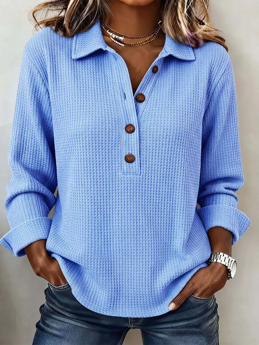 Classic Solid Color Lapel Art Casual Long Sleeve Waffle Shirt