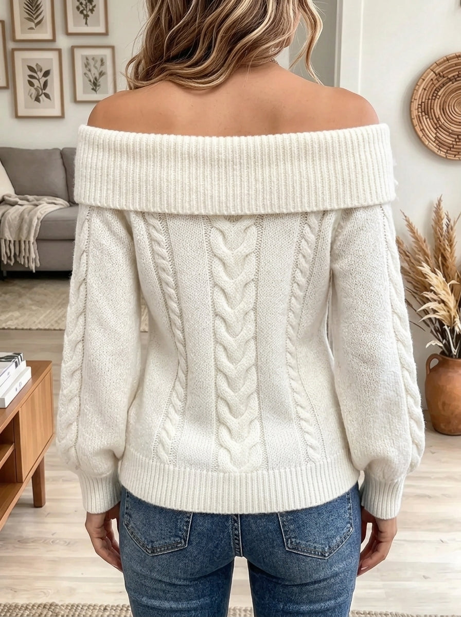 Women's Cable Knit Bow Off-the-Shoulder Sweater